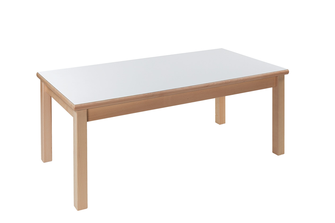 Tisch rechteckig 120 x 60 cm Höhe 46 cm, Plattenfarbe weiß, Gestell Buche natur