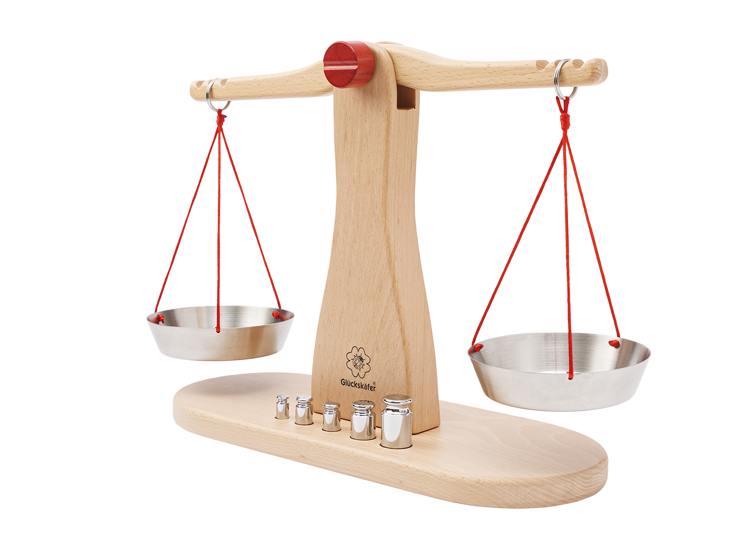 Holzwaage mit 5 Metallgewichten