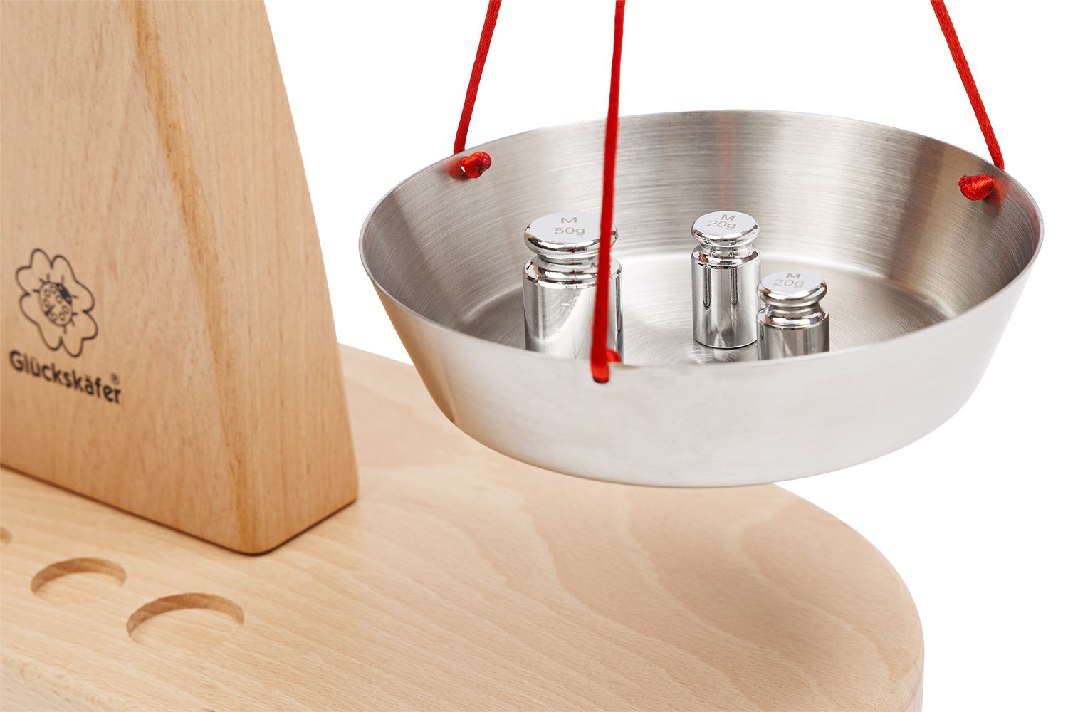 Holzwaage mit 5 Metallgewichten