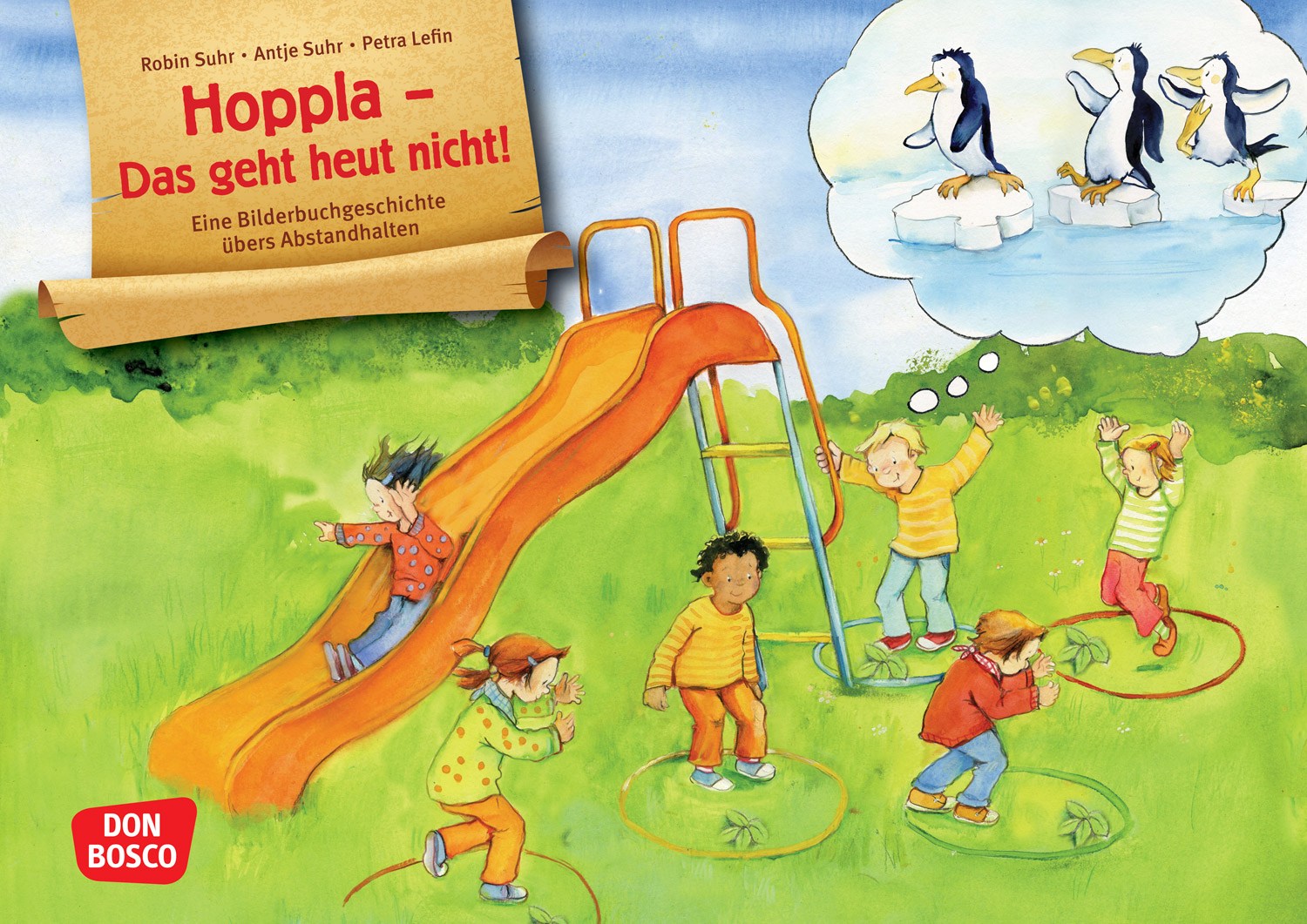 Kamishibai Bildkarten: Hoppla - Das geht heut nicht! Eine Bilderbuchgeschichte übers Abstandhalten.