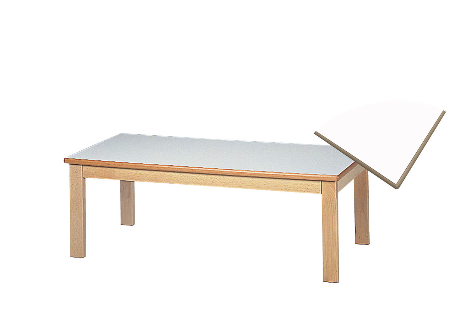 Tisch rechteckig 120 x 60 cm Höhe 40 cm, Plattenfarbe weiß, Gestell Buche natur