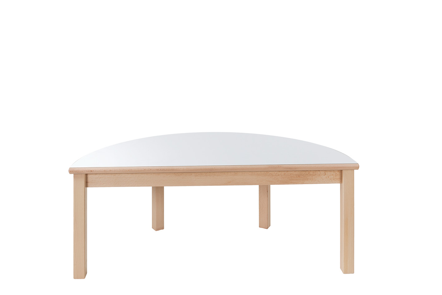 Tisch halbrund Ø 120 x 60 cm Höhe 46 cm, Plattenfarbe weiß, Gestell Buche natur