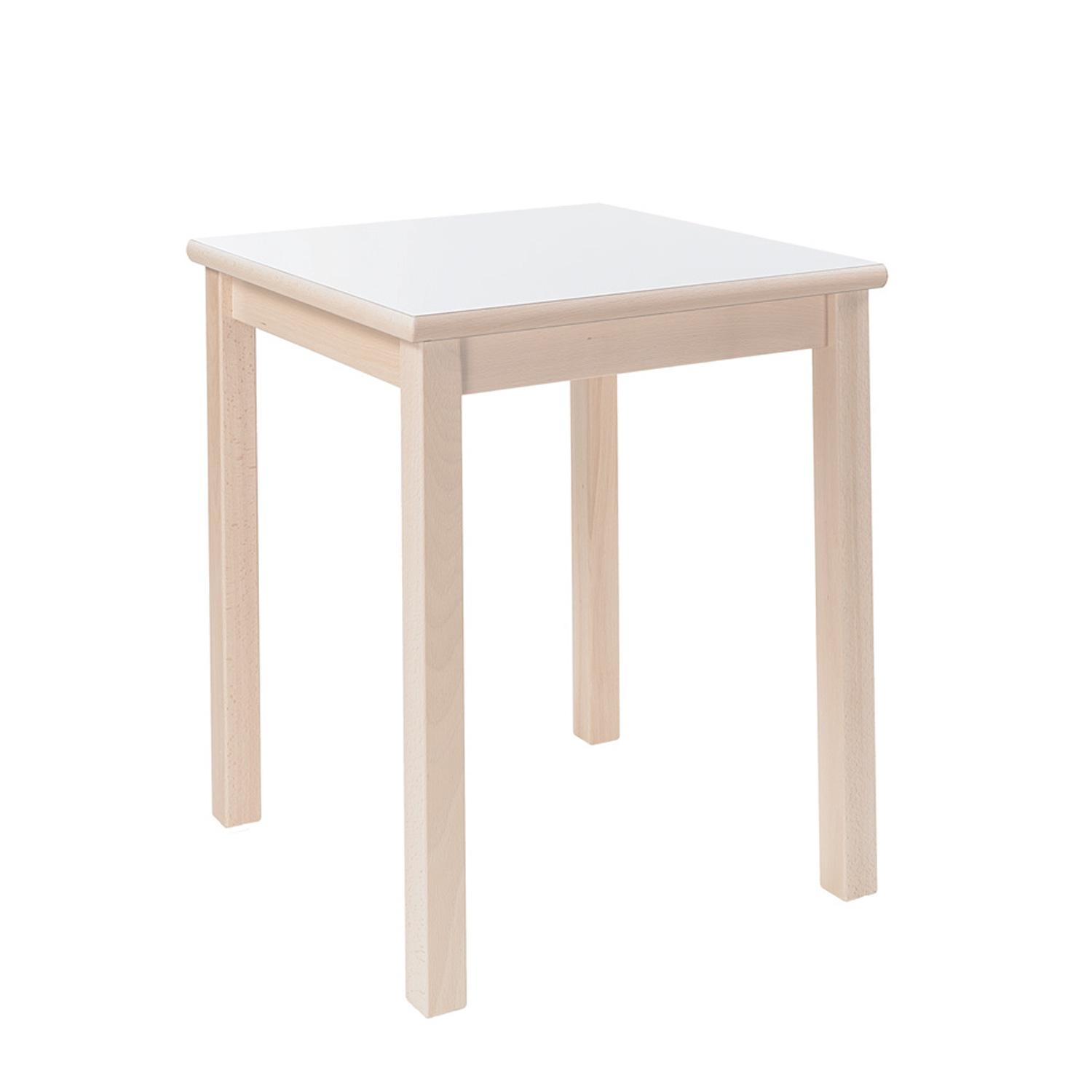 Tisch quadratisch 60 x 60 cm Höhe 76 cm, Plattenfarbe weiß, Gestell Ahorn Optik