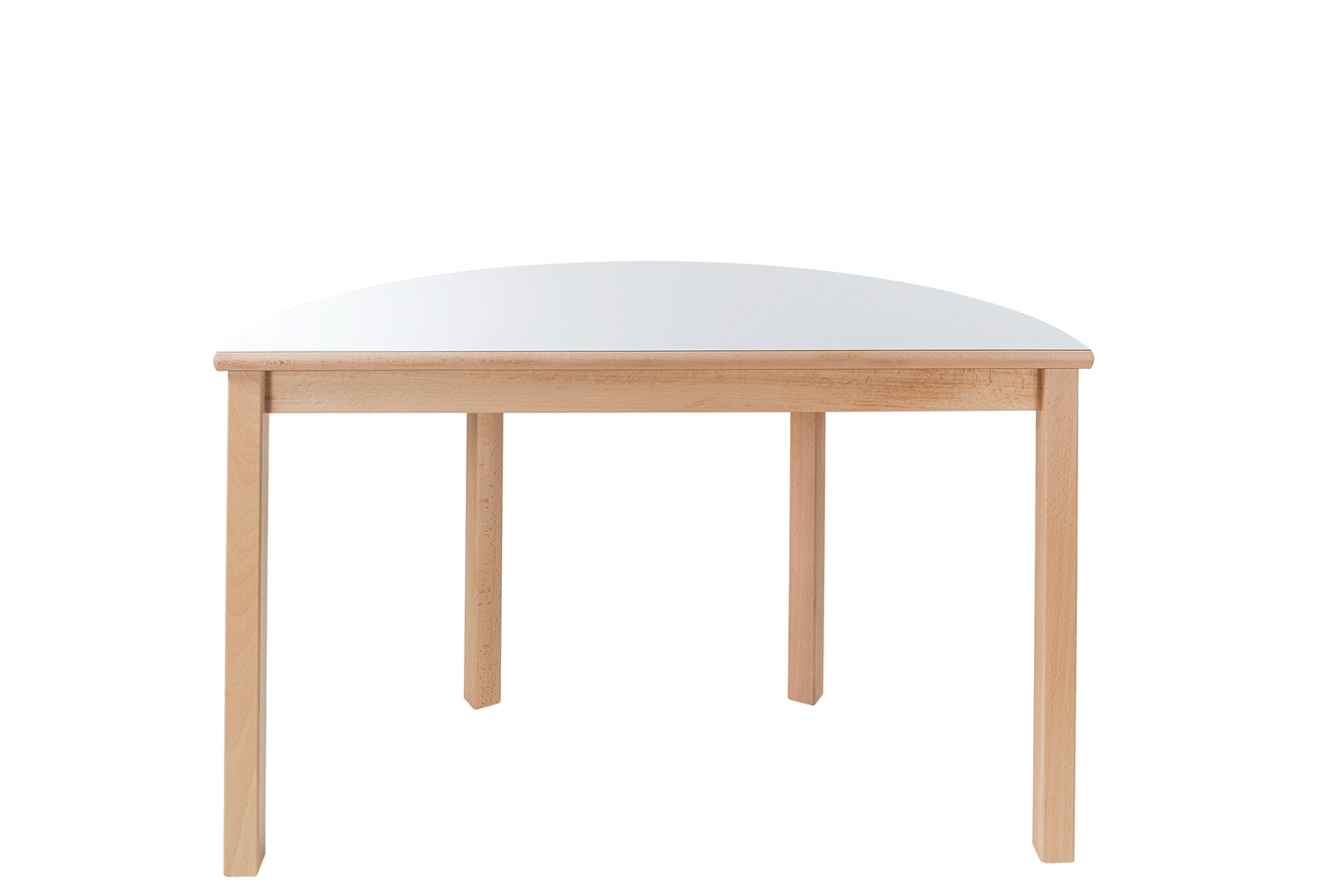 Tisch halbrund Ø 120 x 60 cm Höhe 71 cm, Plattenfarbe weiß, Gestell Buche natur