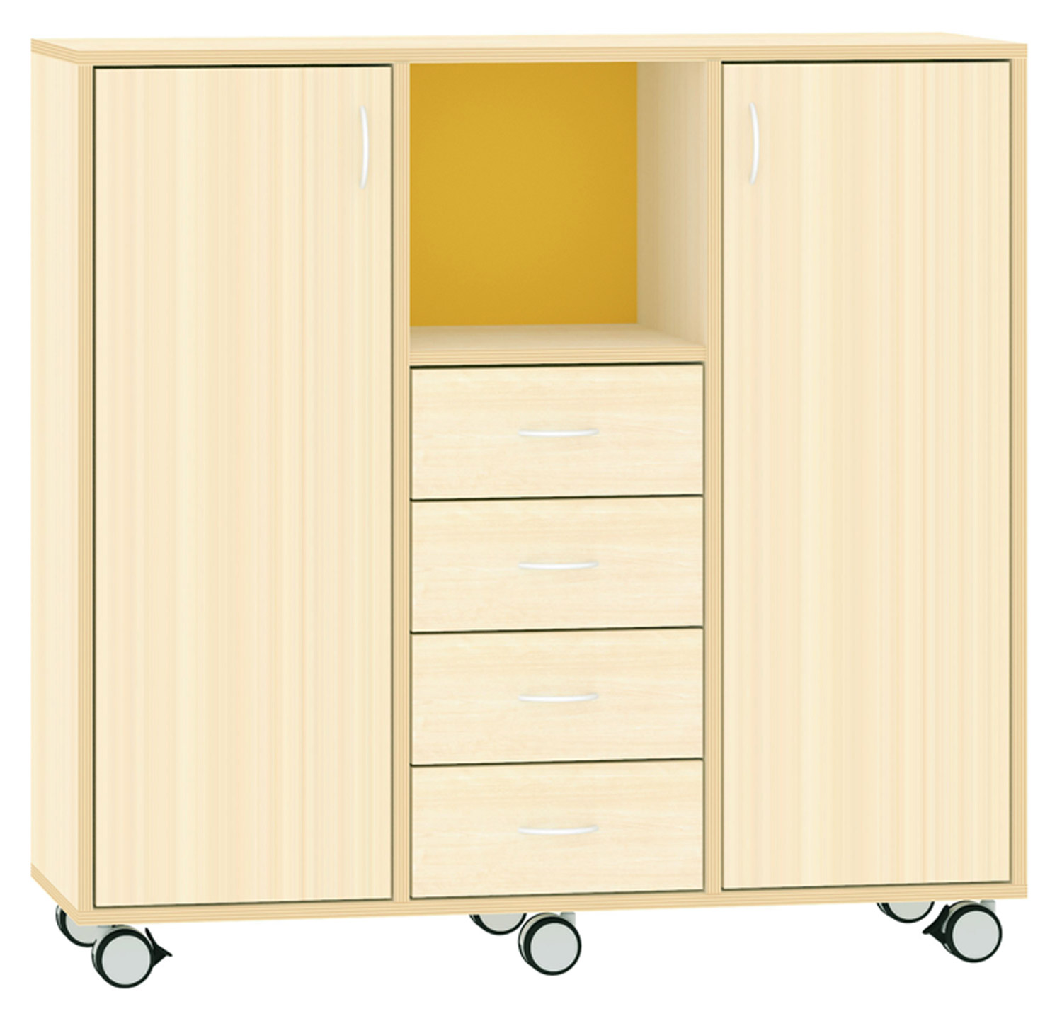 Breiter Hochschrank Rückwand gebeizt, gelb