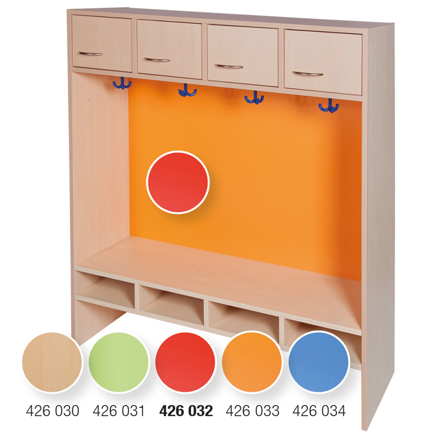 Garderobe mit 4 Fächern Rückwand rot
