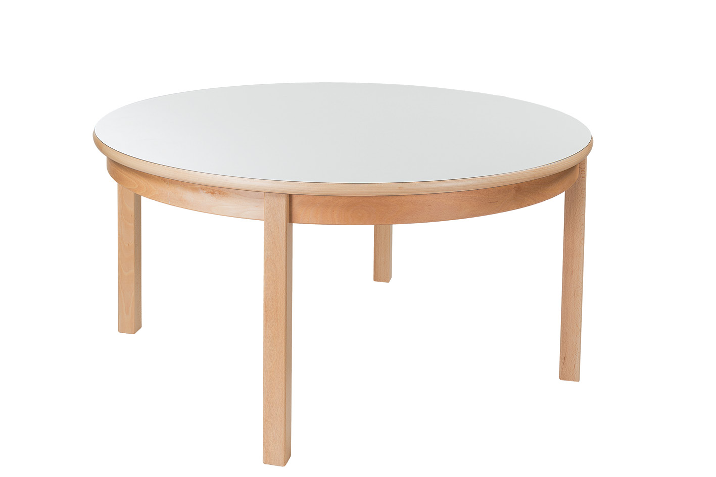 Tisch rund Ø 120 cm Höhe 64 cm, Plattenfarbe weiß, Gestell Buche natur