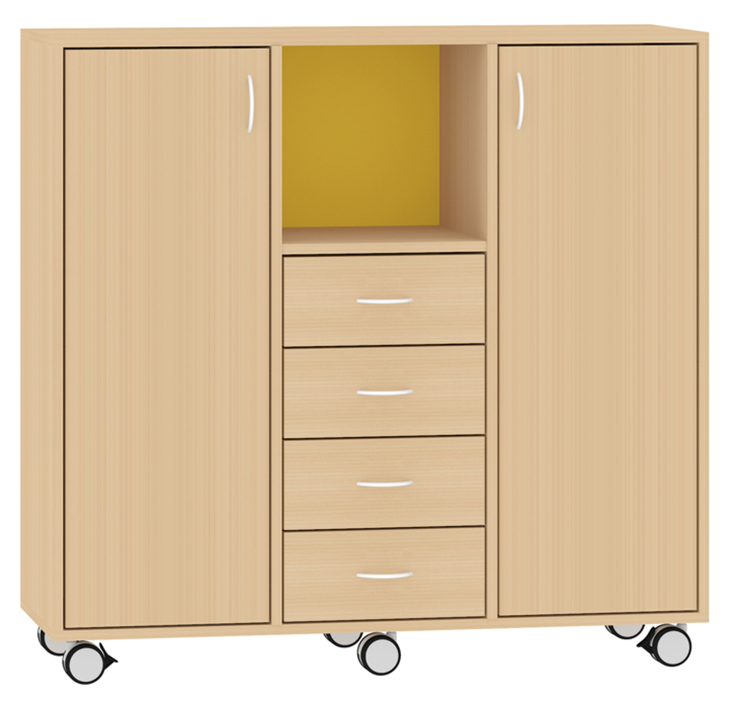 Breiter Hochschrank Rückwand gebeizt, gelb