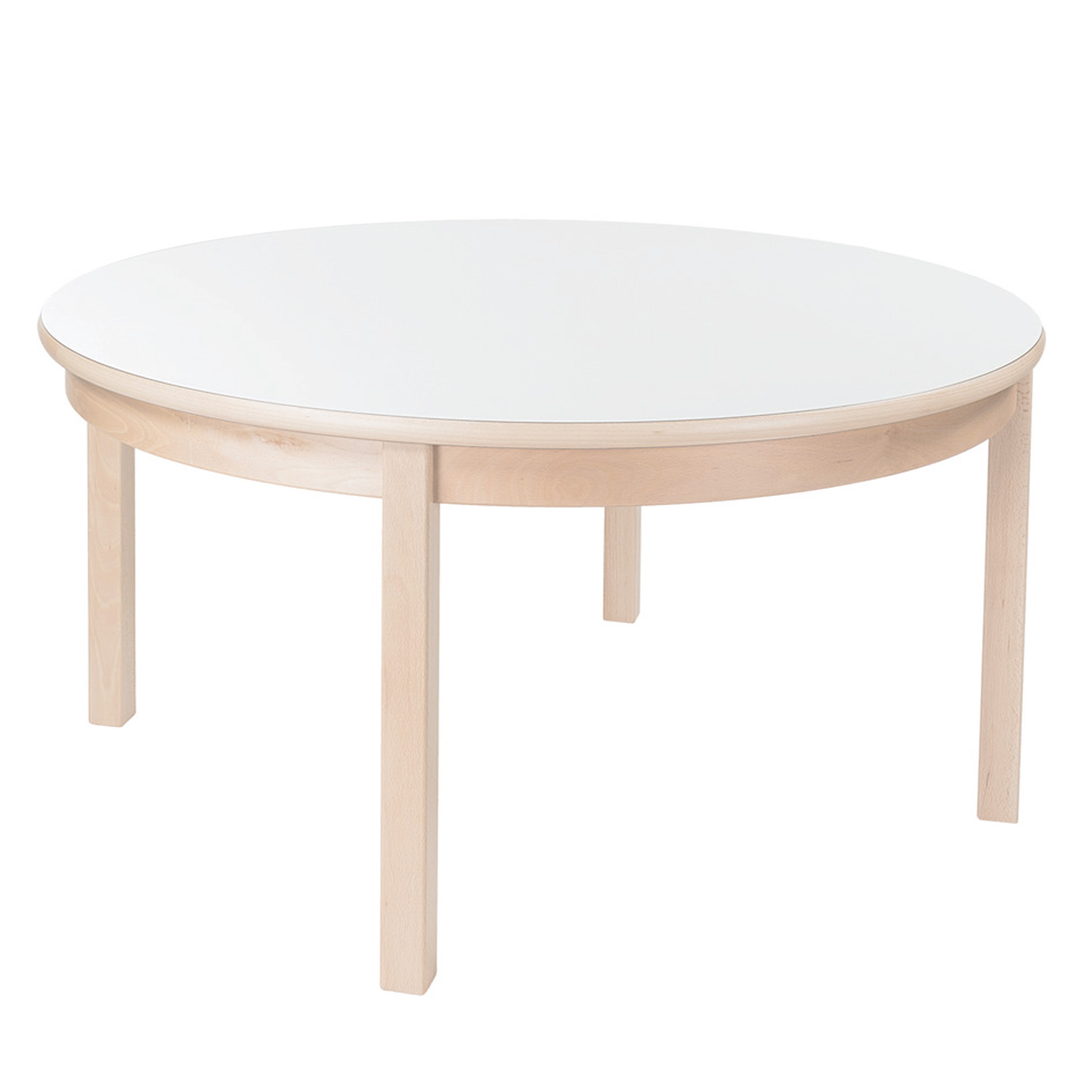 Tisch rund Ø 120 cm Höhe 64 cm, Plattenfarbe weiß, Gestell Ahorn Optik