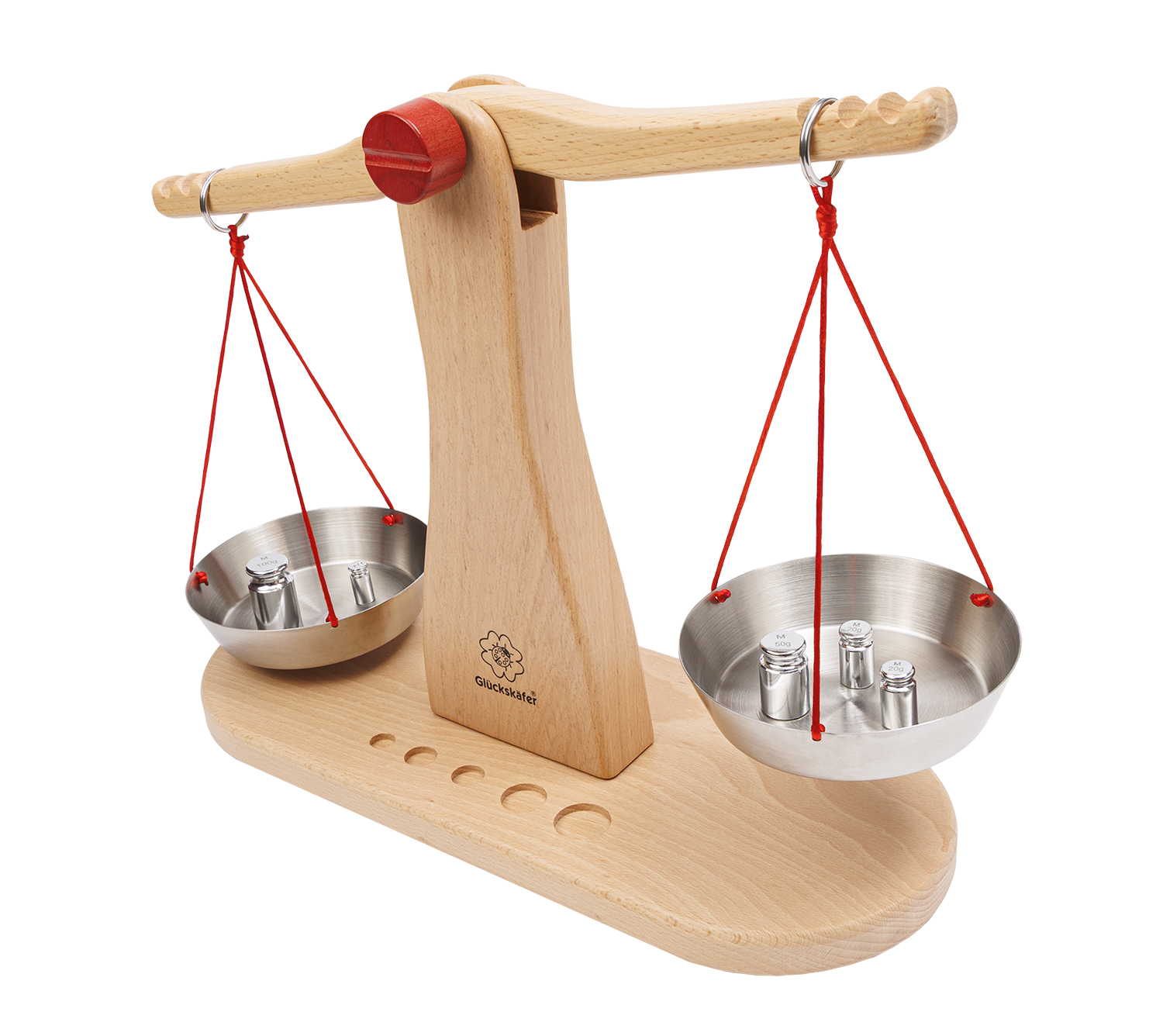 Holzwaage mit 5 Metallgewichten